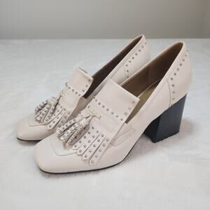 Kiltie Tassel Pumps Bone 7 Studded Academia Modern Minimalist Corporate Goth